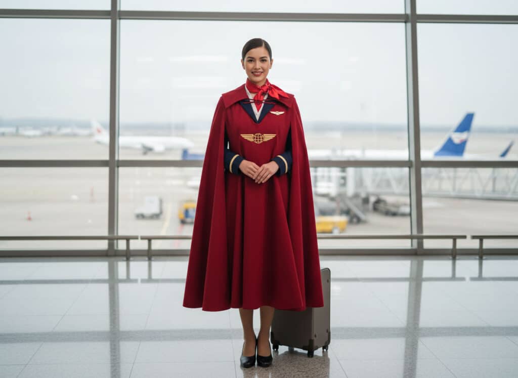 Woman flight attendant with her red uniform