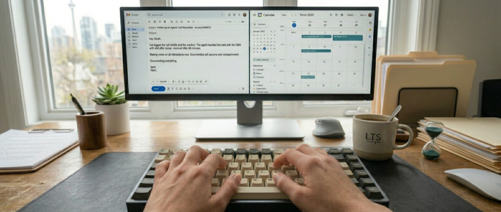 Hand at key board with two monitors keeping meticulous, written records after you speak to a Fido agent to ensure promises are kept.