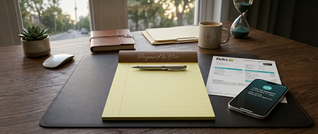 Notepad on table with a Fido Bill and phone calling to speak to a Fido agent