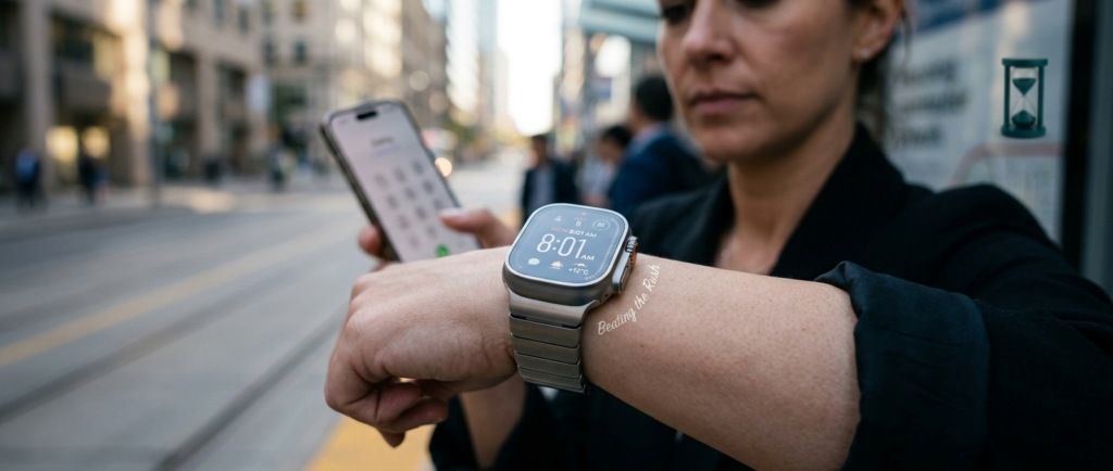 young lady holding a phone , while showing a watch showing 8:01am time to speak to a Fido agent