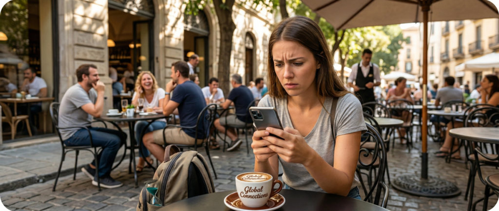 Lady in an european open air cafe drinking latte that has foam latte art that says global connection, trying to speak to a Freedom mobile agent