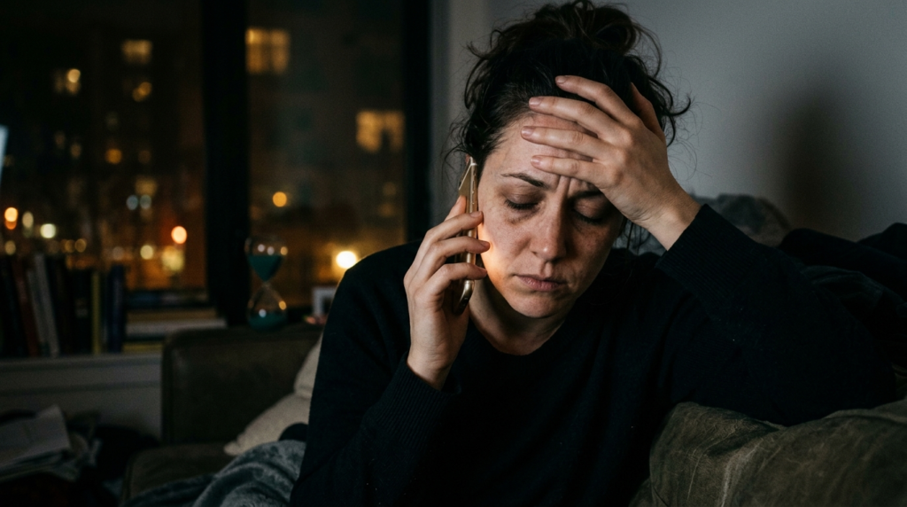 Exhausted lady on coach calling to speak to an aeroplan agent