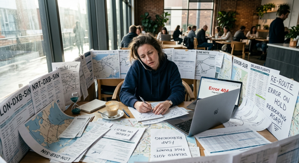 Lady in coffee shop trying to reroute flight by speaking to an aeroplan agent