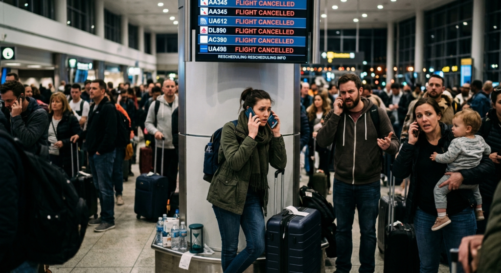 Young women dealing with cancelled flight calling to speak to an aeroplan agent