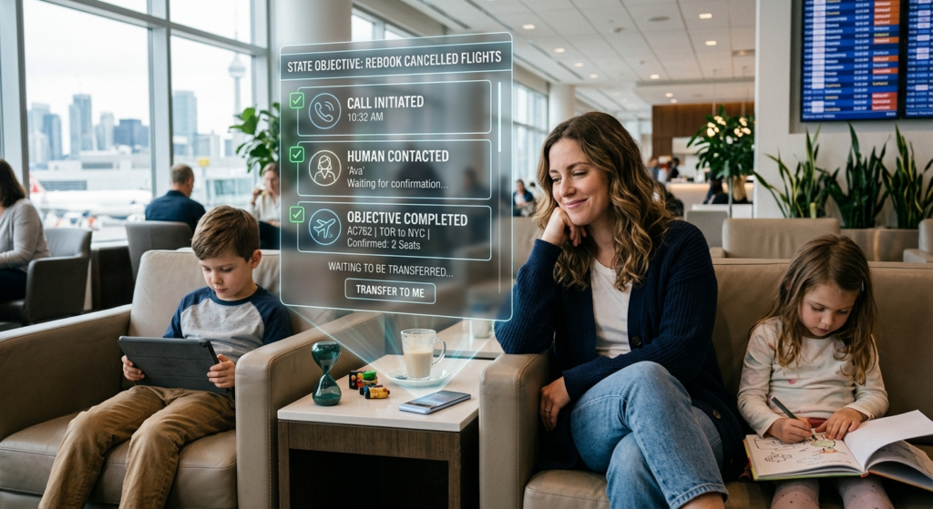 Lady chillaxing with kids while an LTS speaks to an aeroplan agent on behalf of her.