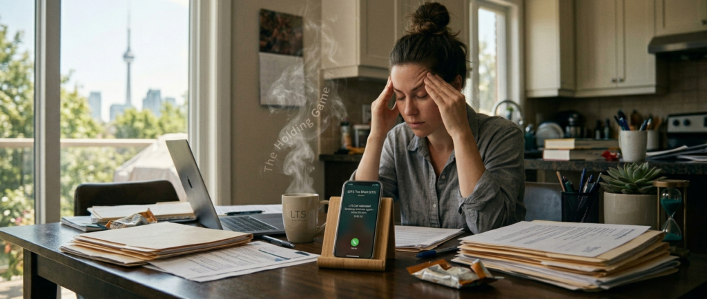 Lady in kitchen trying to get through the phone line to speak to a Fido agent