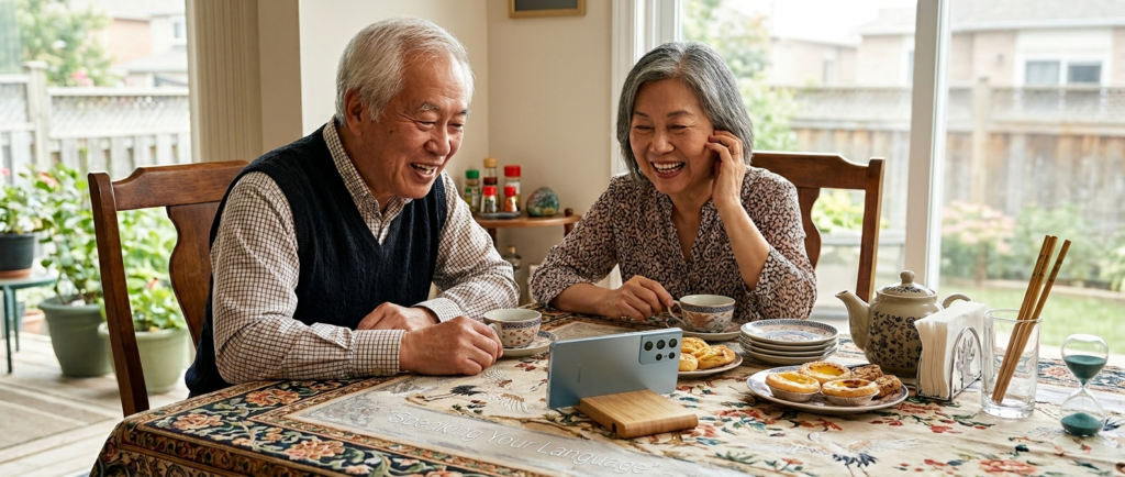 Family utilizing the dedicated Chinese support line to comfortably speak to a Fido agent in their native language