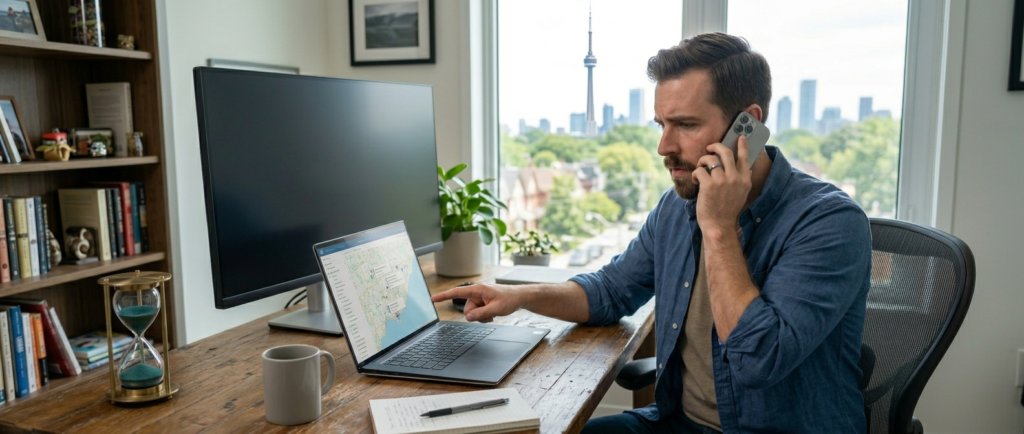 Man dialing the local numbers from his home office to speak to a Fido agent about a network issue.