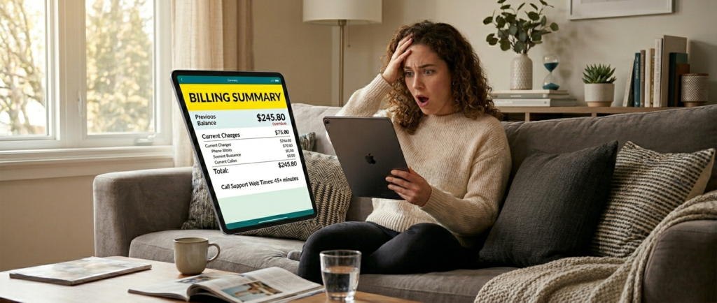 Customer looking at a very expensive bill on a tablet and realizing they need to speak to a Fido agent immediately.