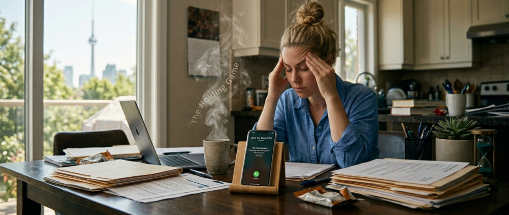 Lady in kitchen trying to comfort herself rubbing temples with smoke floating up indicating the holding game while she trie to speak to a freedom mobile agent