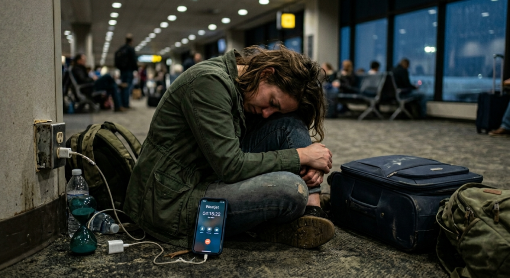 Lady hunched over on a marathon call trying to speak to a westjet agent