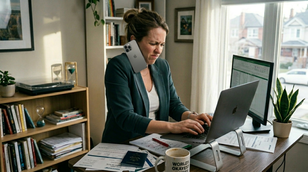 lady working from home while trying to speak with a westjet agent