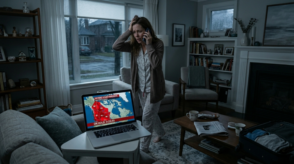 lady in a living room in lounge wear , dealing with adverse weather warning trying to speak to a westjet agent