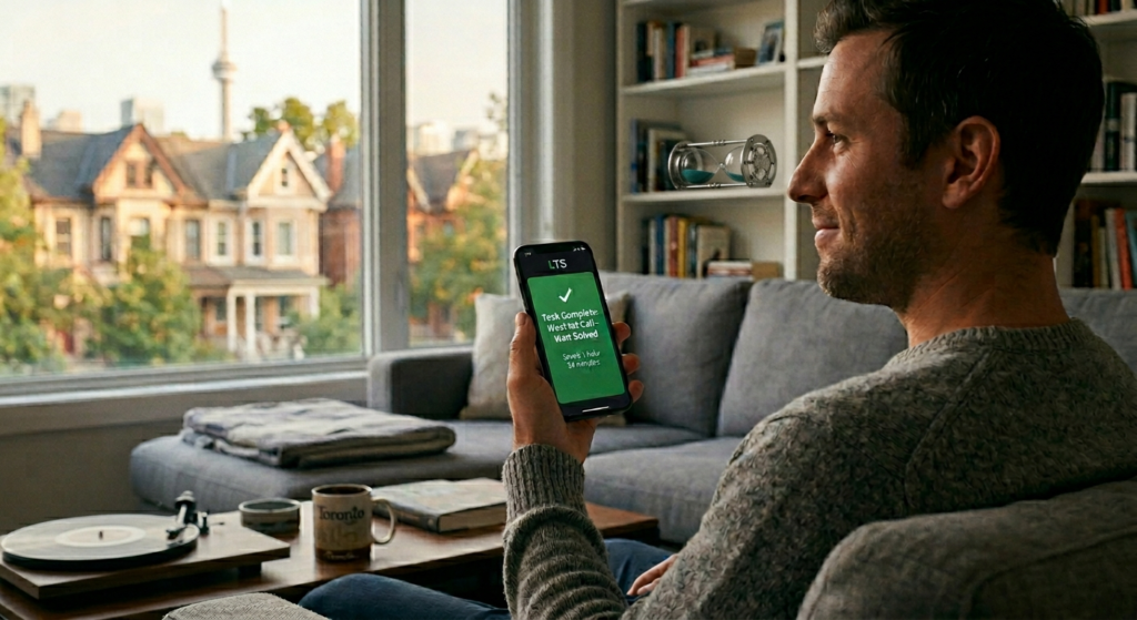 man on couch relaxing after finishing his task by speaking to a westjet agent