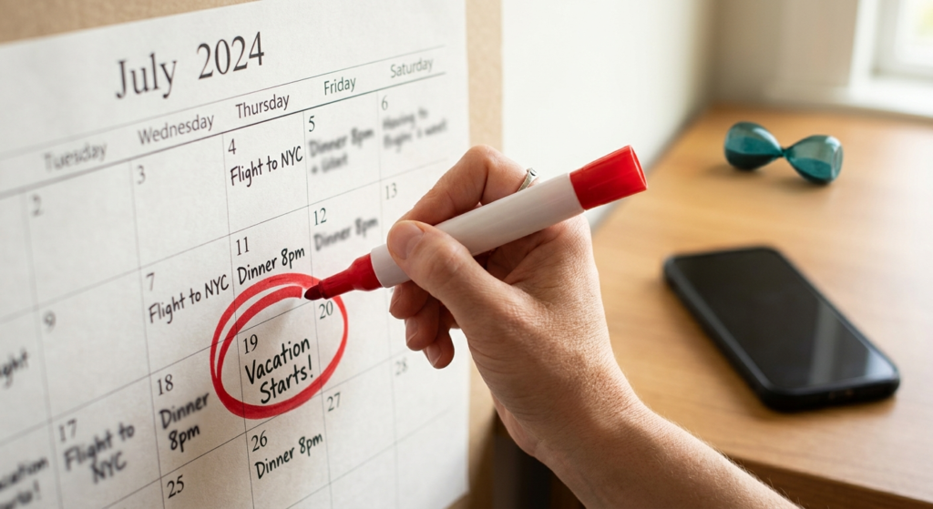 picture of a calendar wit vacation circled. Phone on table to the side off and hourglass on it's side.