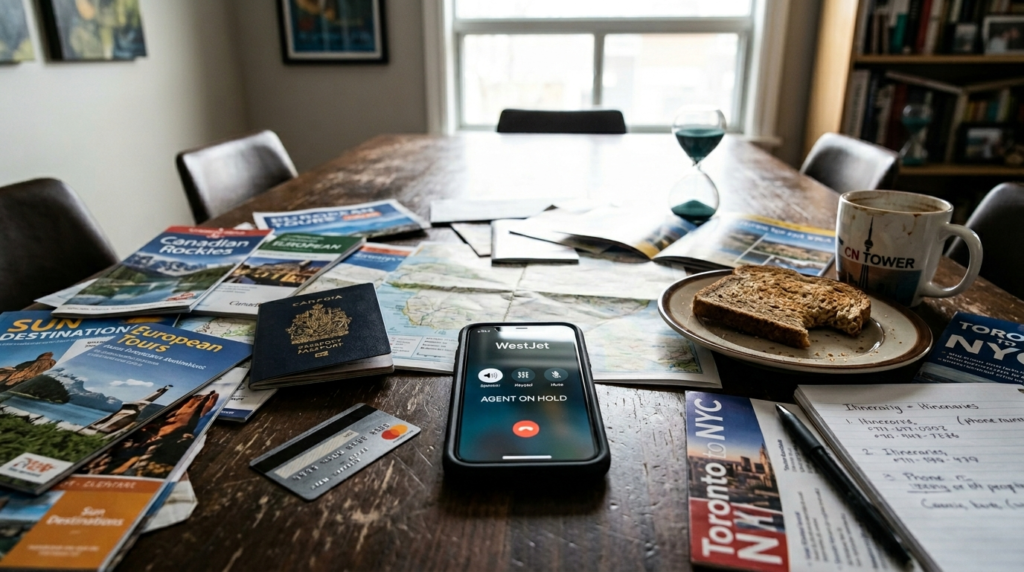 phone on counter on hold by a customer trying to speak to a westjet agent