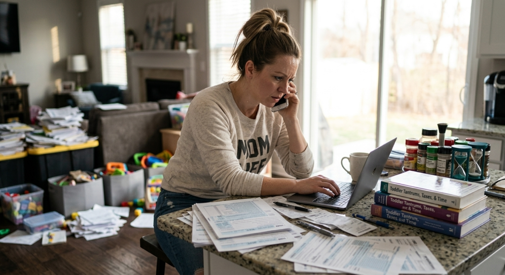 Mom sitting in living room table trying to talk with an IRS agent, form 1040 on the table