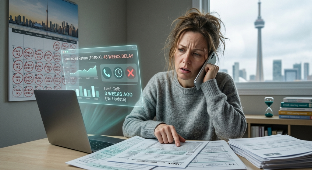 Mom following up on an amended return on the line with an IRS agent