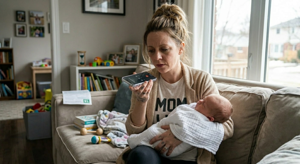 Mom sitting on couch on hold with service canada  agent with a napping baby in her arms