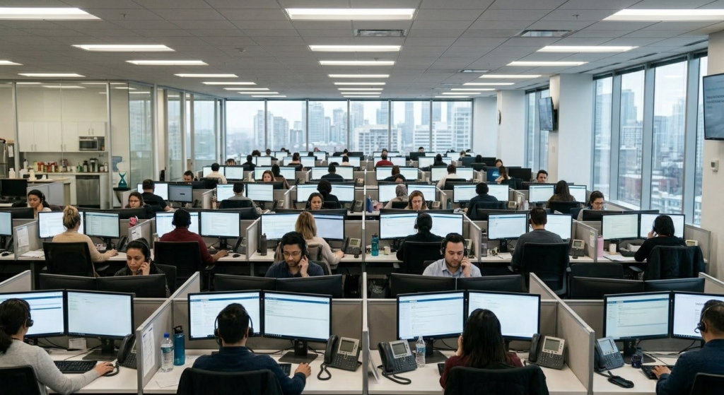 Overhead shot of an illustrative service canada call center - talk to a Service Canada Agent article