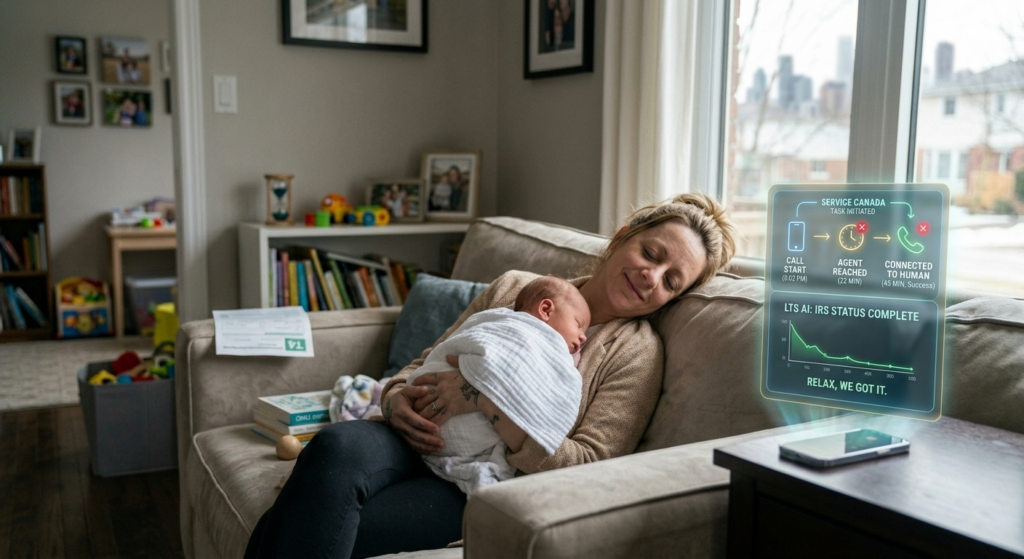 Mom napping on couch with baby after having an AI reach Service Canada 