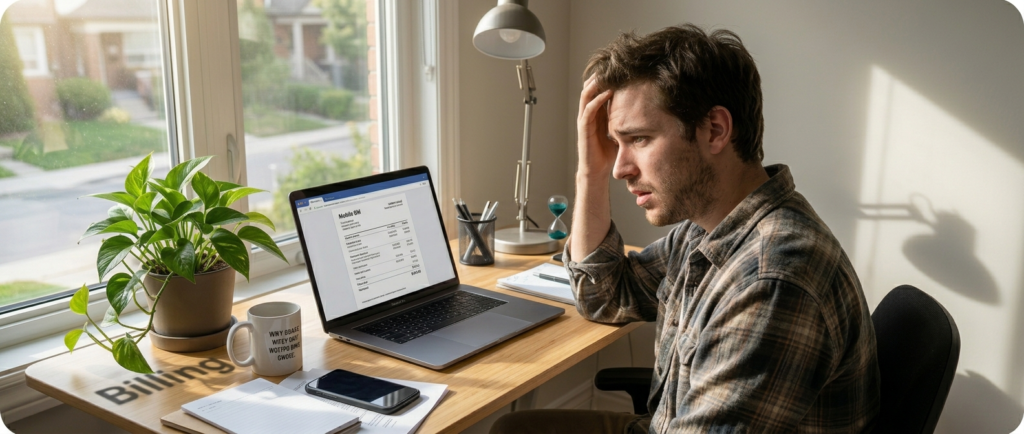 Man being surprised by a high bill and needs to speak to a Freedom mobile agent.