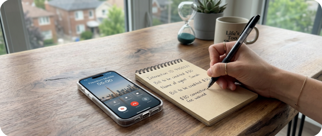 Phone on hold with a freedom mobile agent while taking notes with a notepad