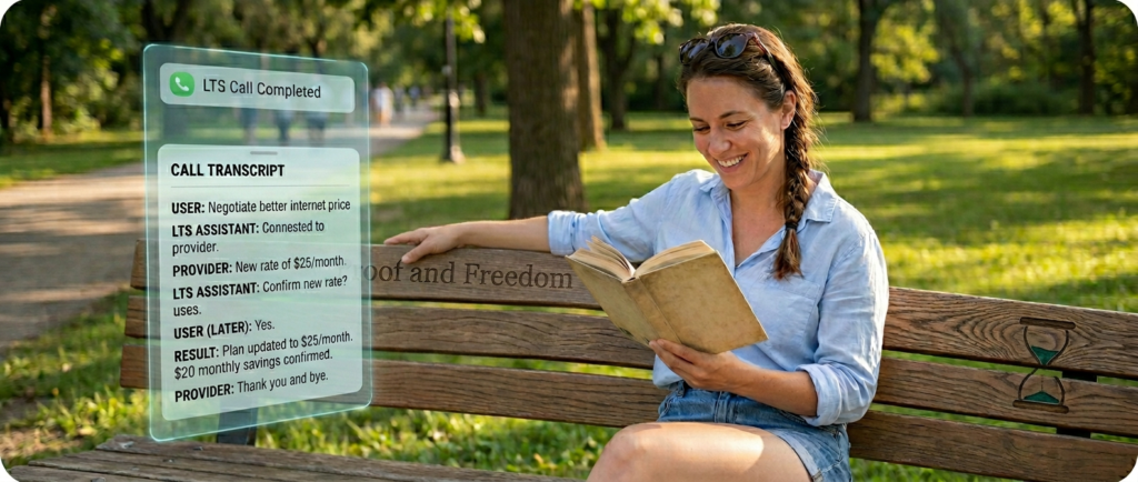 Lady sitting on bench enjoying her time since she has LTS talking to Freedom Mobile Agent
