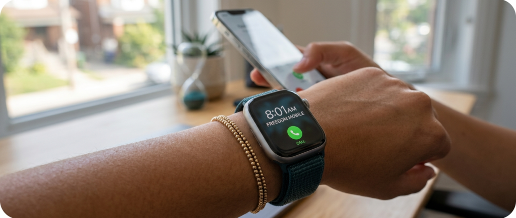 Smart watch on arm showing 9:01am and time to call Freedom Mobile Agent
