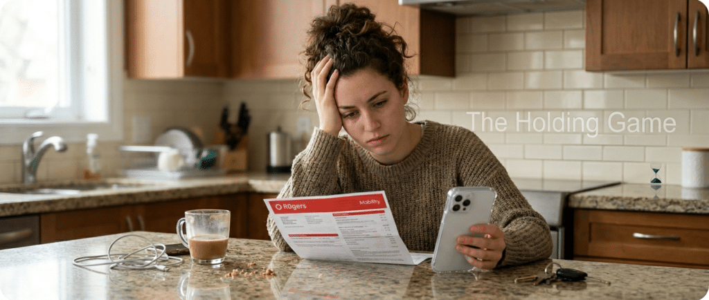 Frustrated customer waiting on hold, desperately trying to speak to Rogers Mobility agent about a billing error.