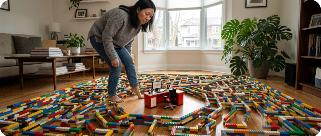 lady tip toeing around a maze of lego to try and speak with a rogers mobility agent.