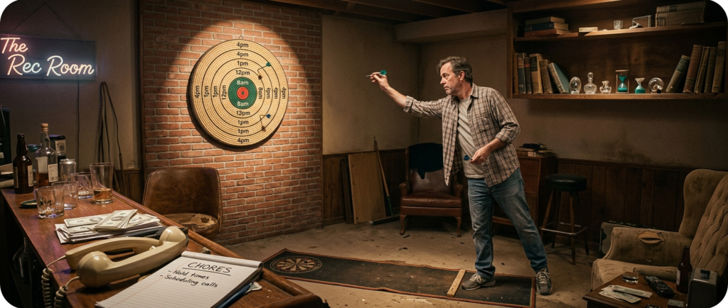 man throwing at a dart board , dart board shows key times to call rogers customer service